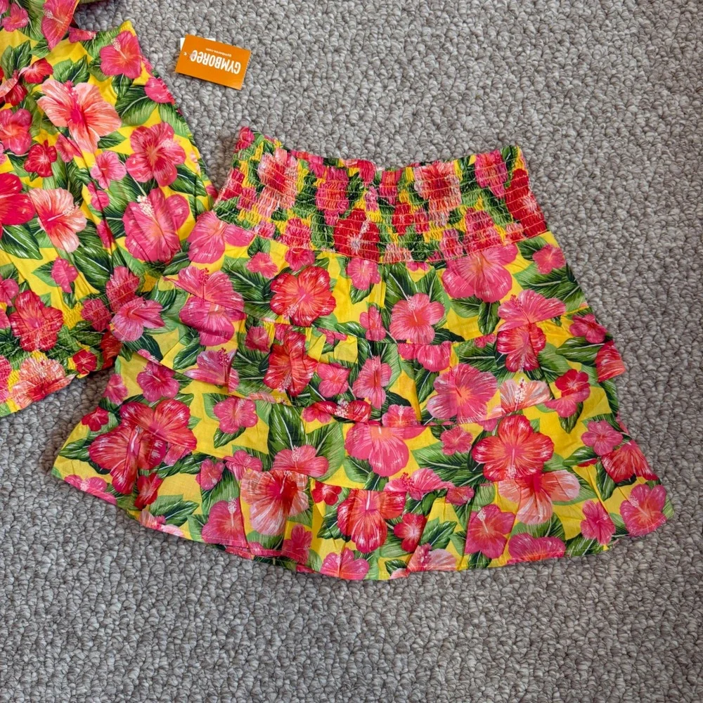 Gymboree Girls‎ Yellow Hibiscus Floral Smocked Top and Tiered Skirt Set Size 10